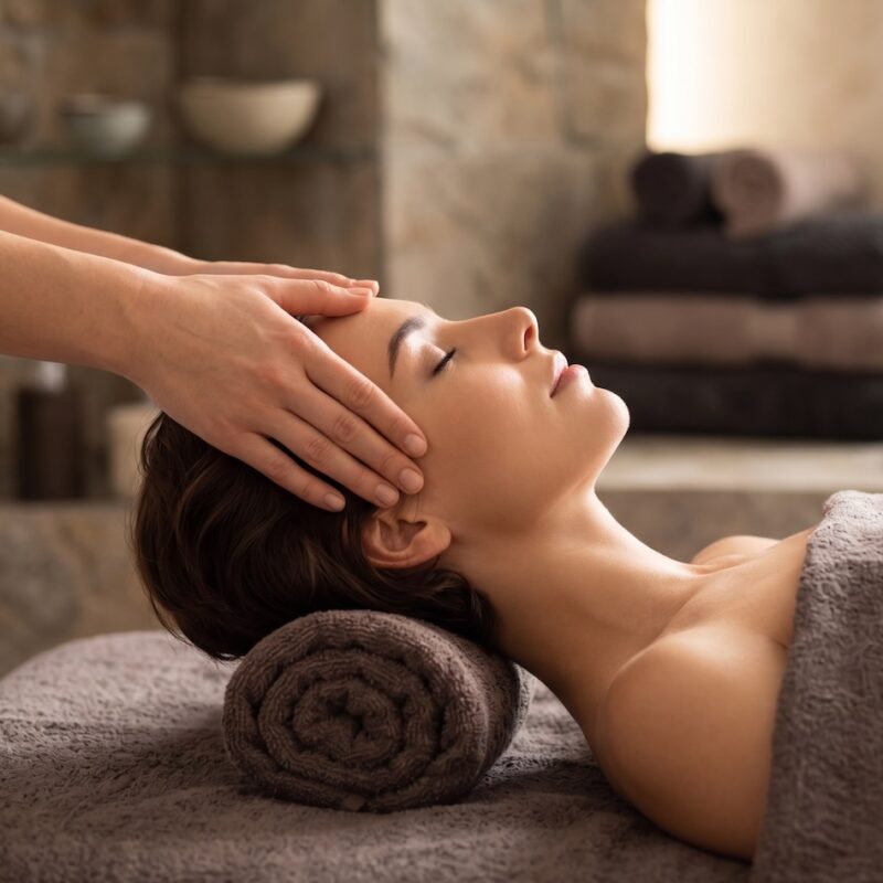 Kobieta poddawana luksusowemu masażowi twarzy i głowy w Alchemy Day Spa Warszawa, holistyczna ceremonia Holistic Balance z użyciem naturalnych olejów.