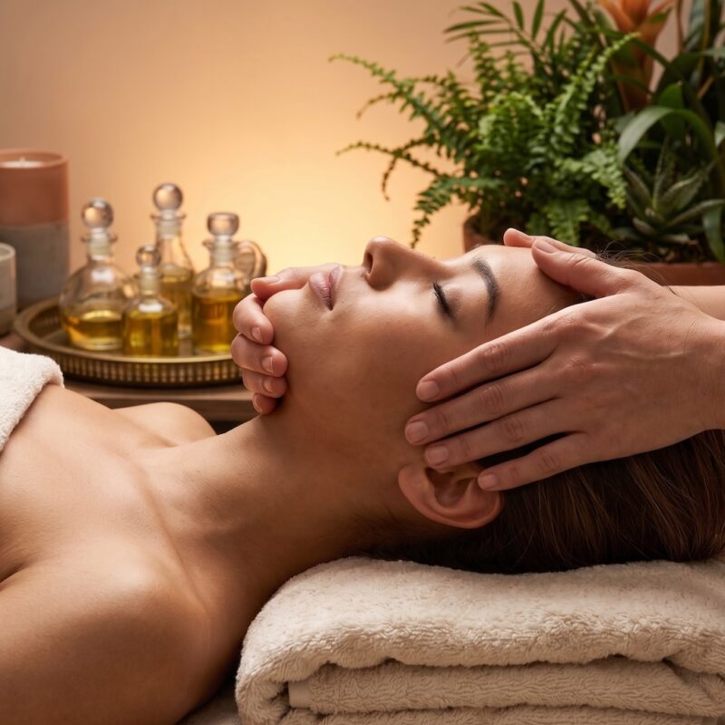 Kobieta podczas luksusowego masażu twarzy Stress Fix w Alchemy Day Spa Warszawa, w tle naturalne olejki eteryczne i świece, zabieg odmładzający i antydepresyjny.