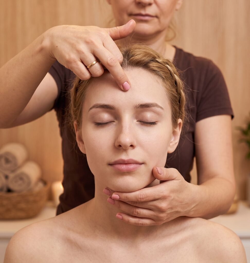 Bliski kadr na zamknięte oczy klientki podczas tradycyjnego masażu hinduskiego Ayurveda Head Massage. Profesjonalna terapeutka z salonu Alchemy Luxury Day Spa w Warszawie wykonuje punktowy ucisk na czole, jednocześnie wspierając podbródek ręką.